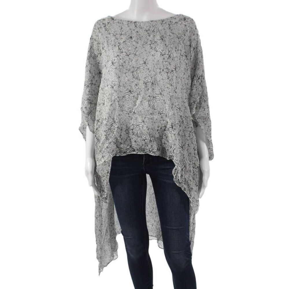 Thomas Wylde Womens Tunic Blouse Silk Floral Boat Neck 3/4 Sleeve Gray Size XL